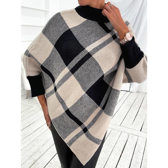 Mock Neck turtleneck Plaid Knit Poncho sweater cardigan black cream preppy boho - Picture 6 of 6